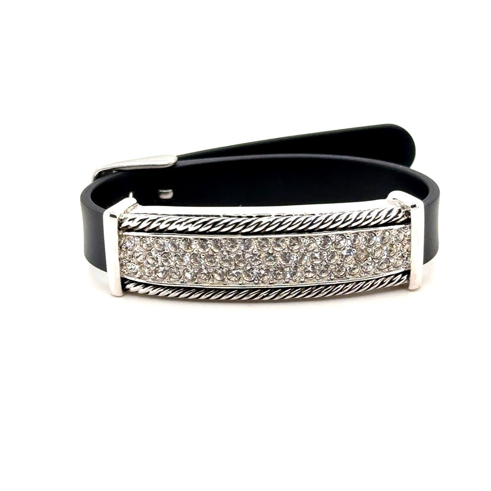 Black Rubber Strap Bracelet Silver Tone Crystal Pave Bar Cable Detail Buckle
